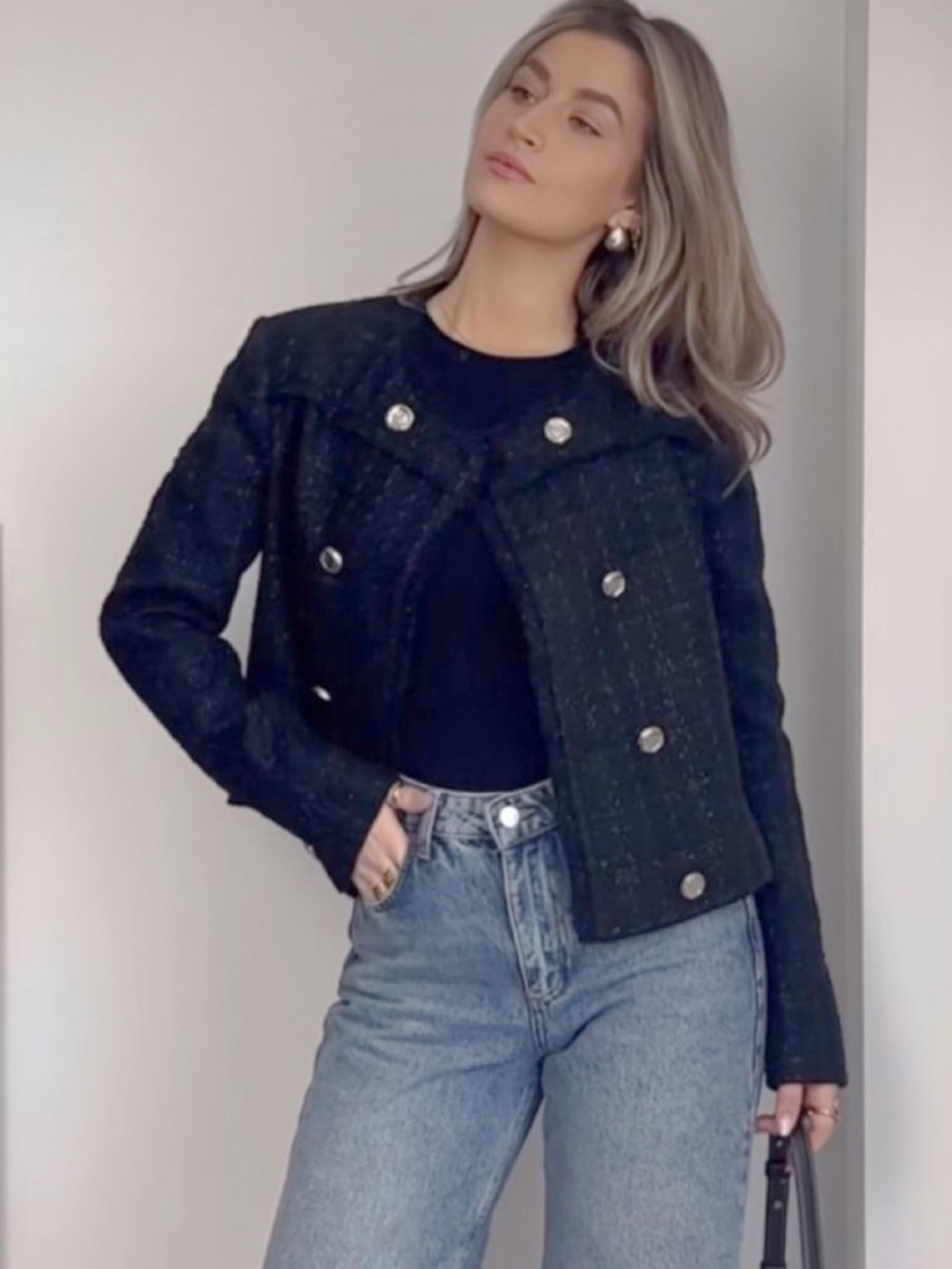 NEW! House of Harlow 1960 Tweed Jacket/Raw Hem/ Snap Front/Front Pockets/Black - Picture 15 of 15